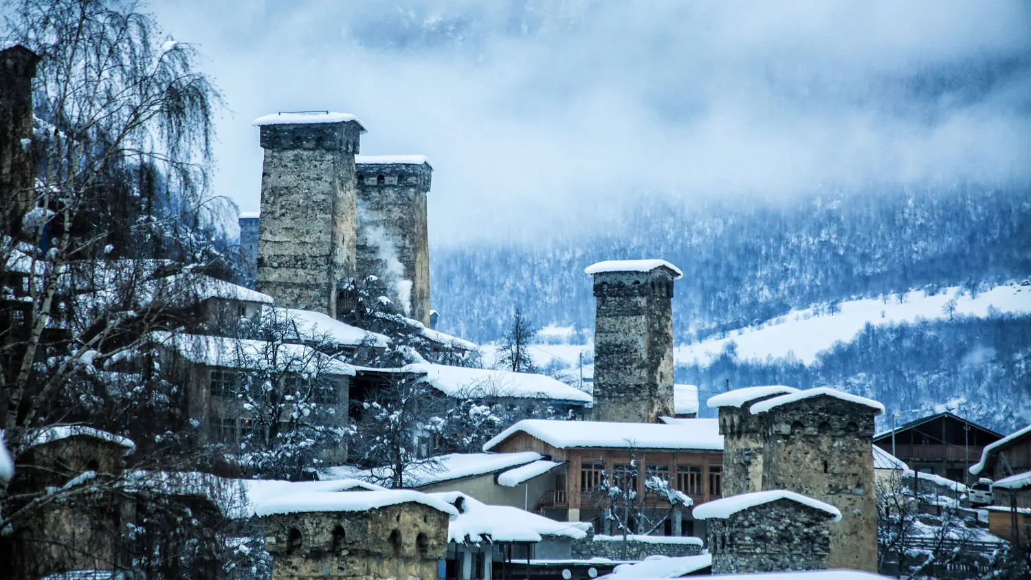 Close up shot of Mestia Towers in winter