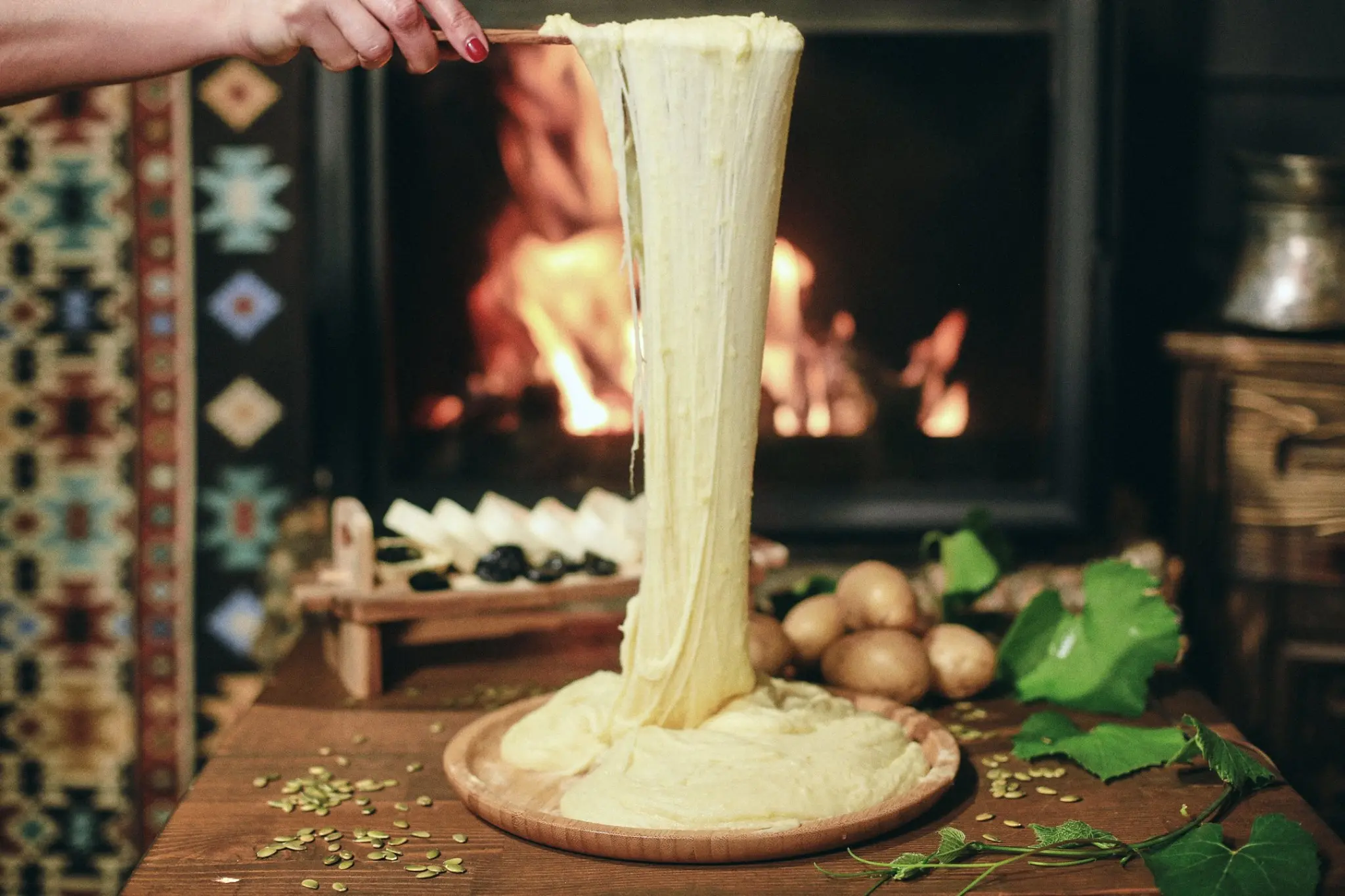 Shot of Tashmidjabi - Svanetian dish from Georgian cuisine, mashed potatoes blended with cheese.